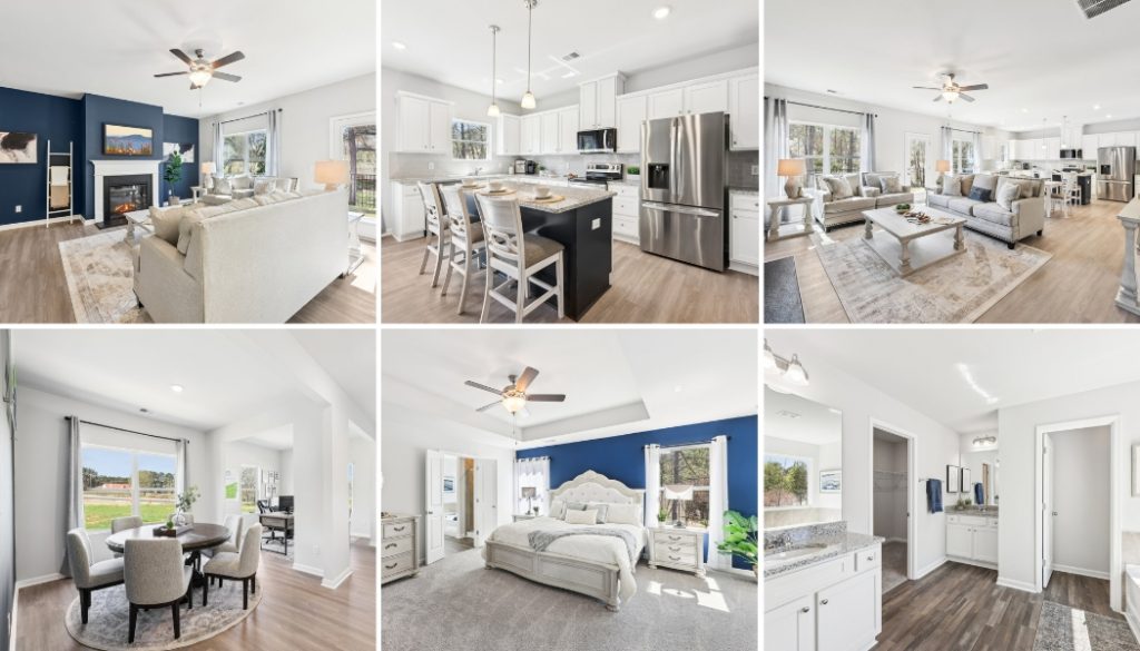 Interior collage showing living spaces, kitchen, and bedrooms of a move-in ready home in Winder, GA.