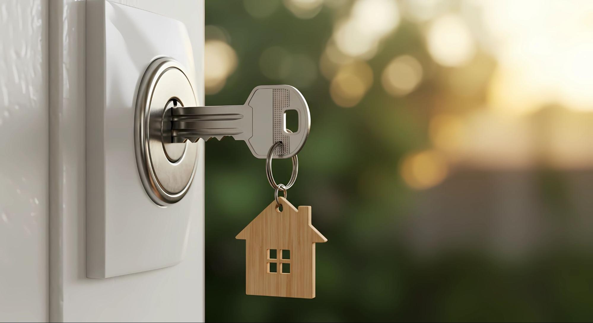 Close up of a house key in a front door with a home-shaped keychain ©Designer Ujma