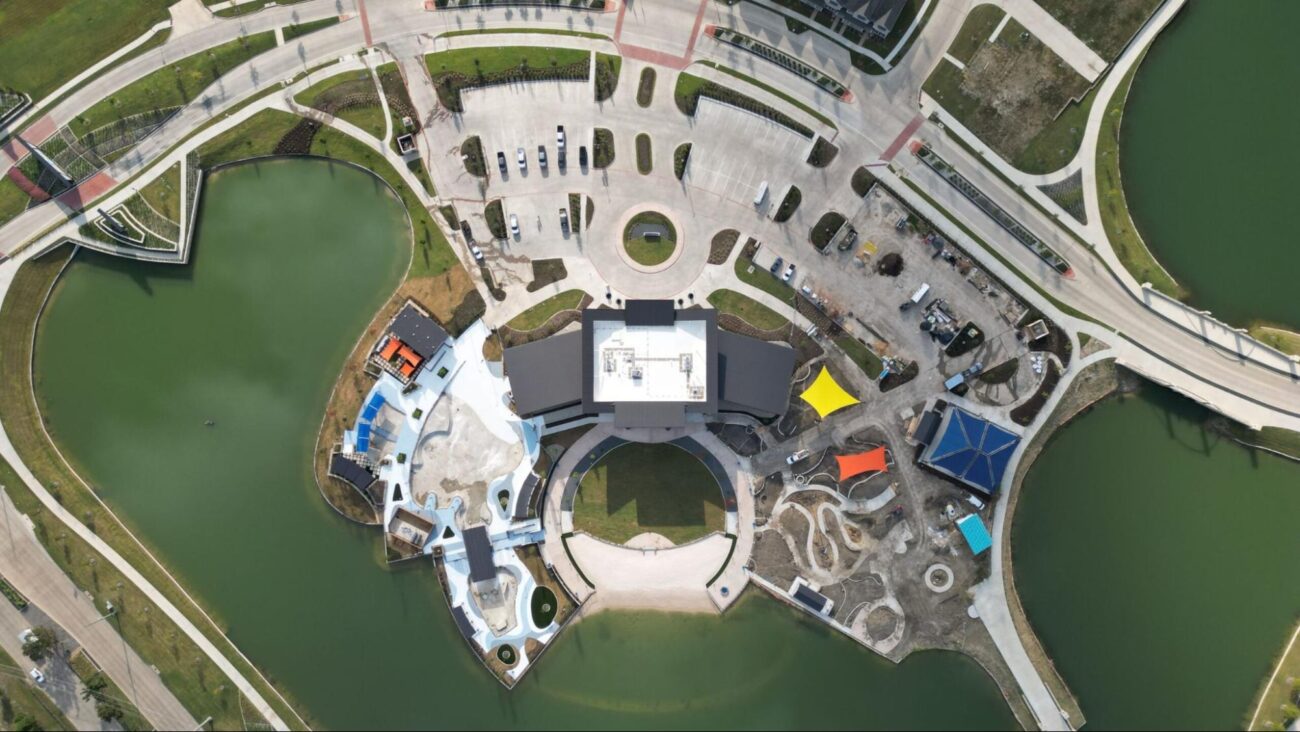 aerial view of Headquarters Amenity Center under construction in Solterra Texas