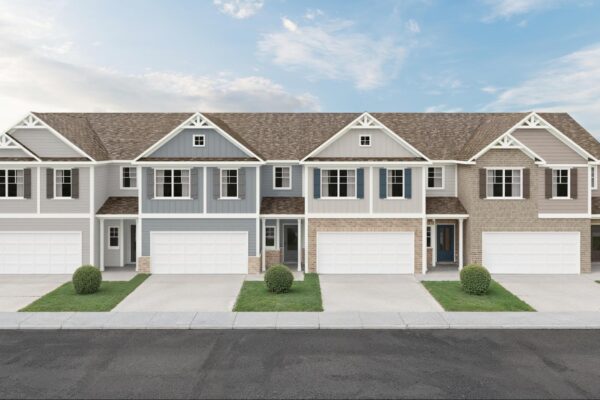 Front exterior of the Essex townhome plan at Chastain Heights in Woodstock, GA.
