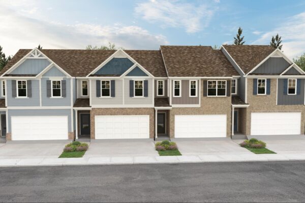 Front exterior of the Newbury townhome plan at Chastain Heights in Woodstock, GA.