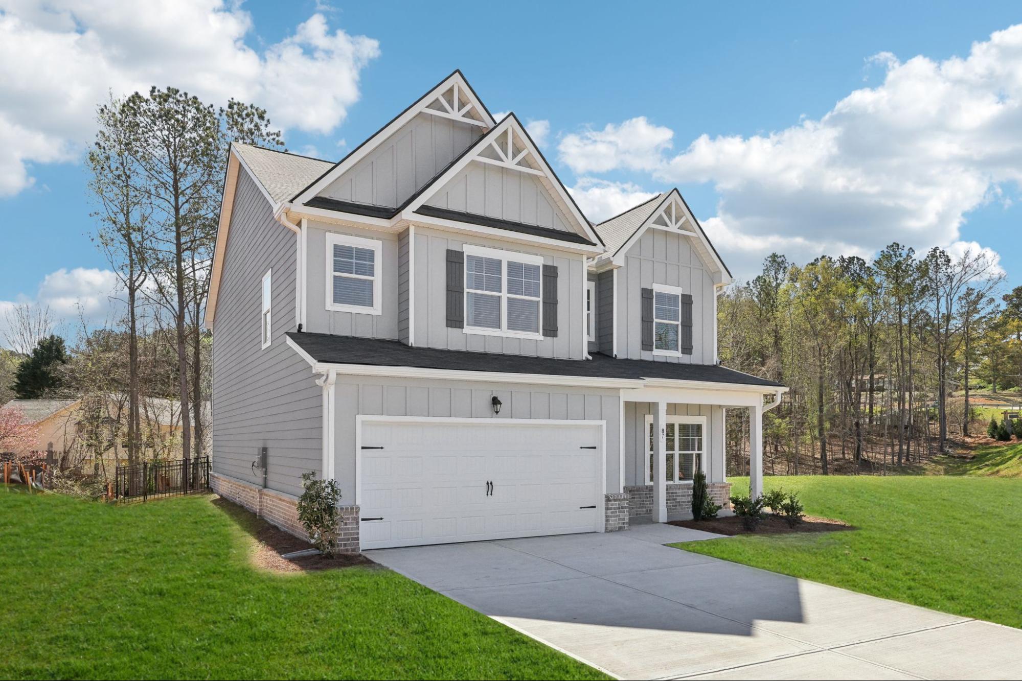 Exterior of a beautiful new home for sale at The Hills at Cedar Creek in Winder, GA