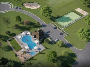 Resort-style amenities including a pool and tennis courts at The Hills at Cedar Creek.