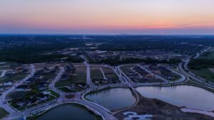 Aerial view of Solterra Texas showing the community layout and new homes near Dallas, TX.