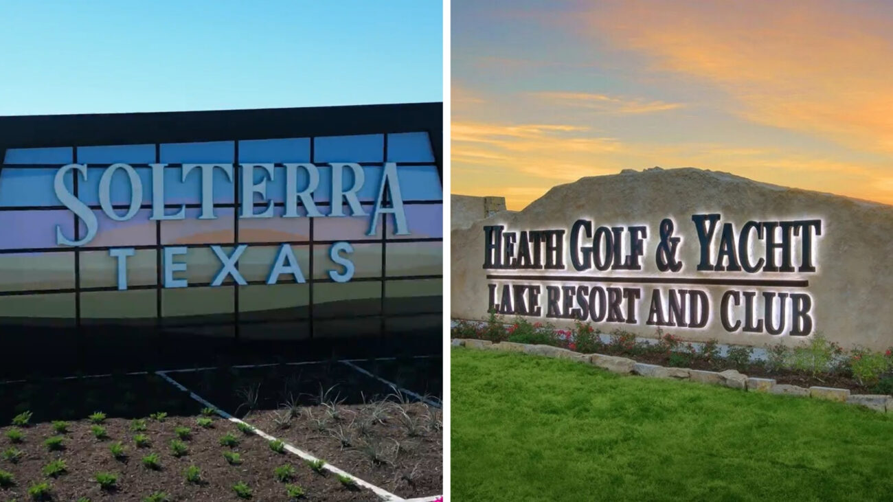 Split image of two entrance signs—left reads “Solterra Texas” on a modern tiled wall, right reads “Heath Golf & Yacht Lake Resort and Club” on a stone monument with landscaped grass and a sunset sky.