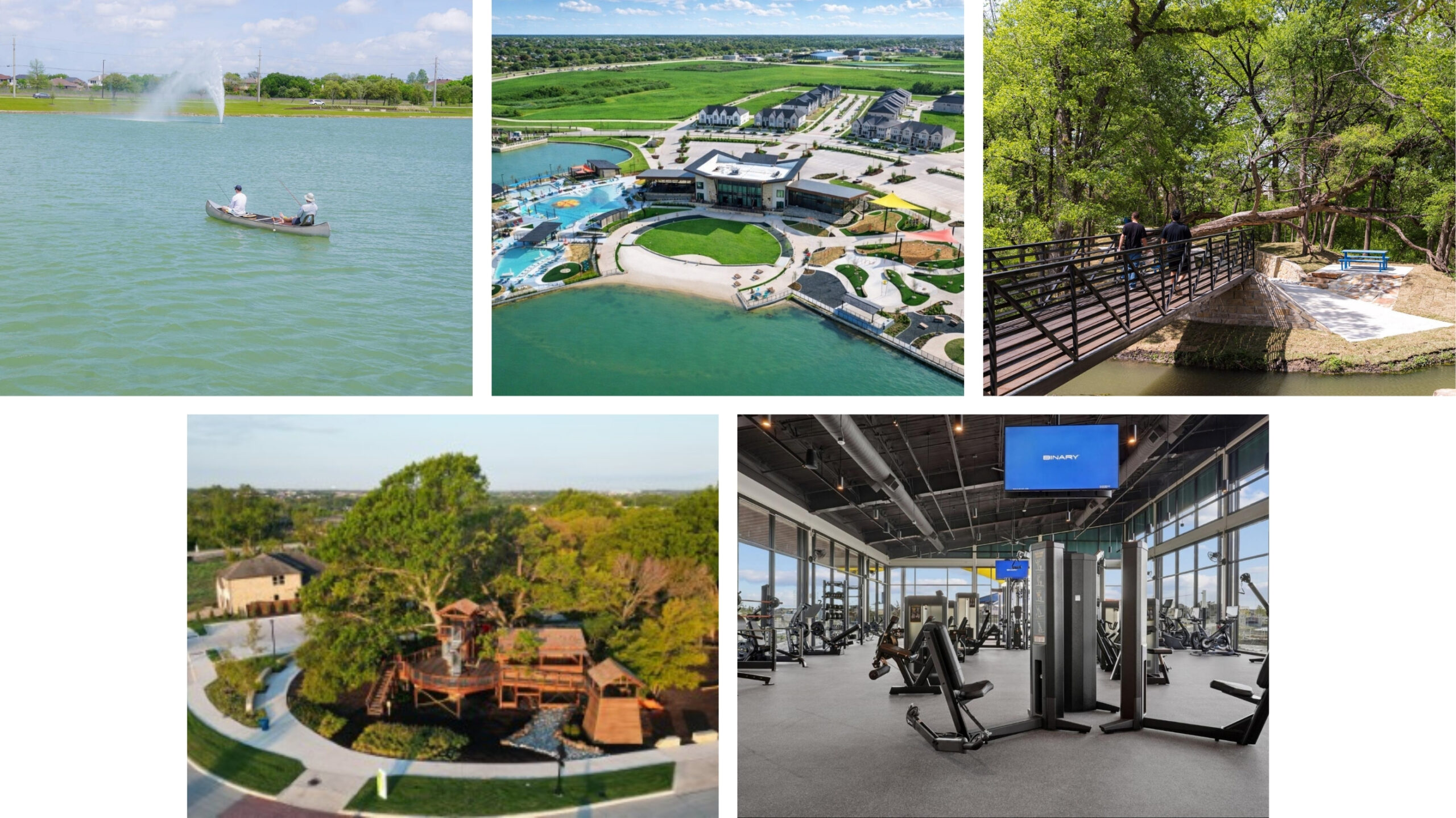 Resort-style amenities at Solterra Texas in Mesquite, including trails, a fishing lake, and Lookout Treehouse park.