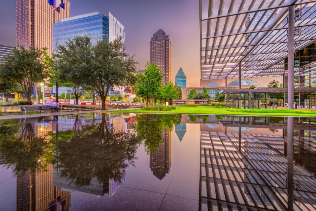 Downtown Dallas skyline reflected in an urban park pond.
©Sean Pavone