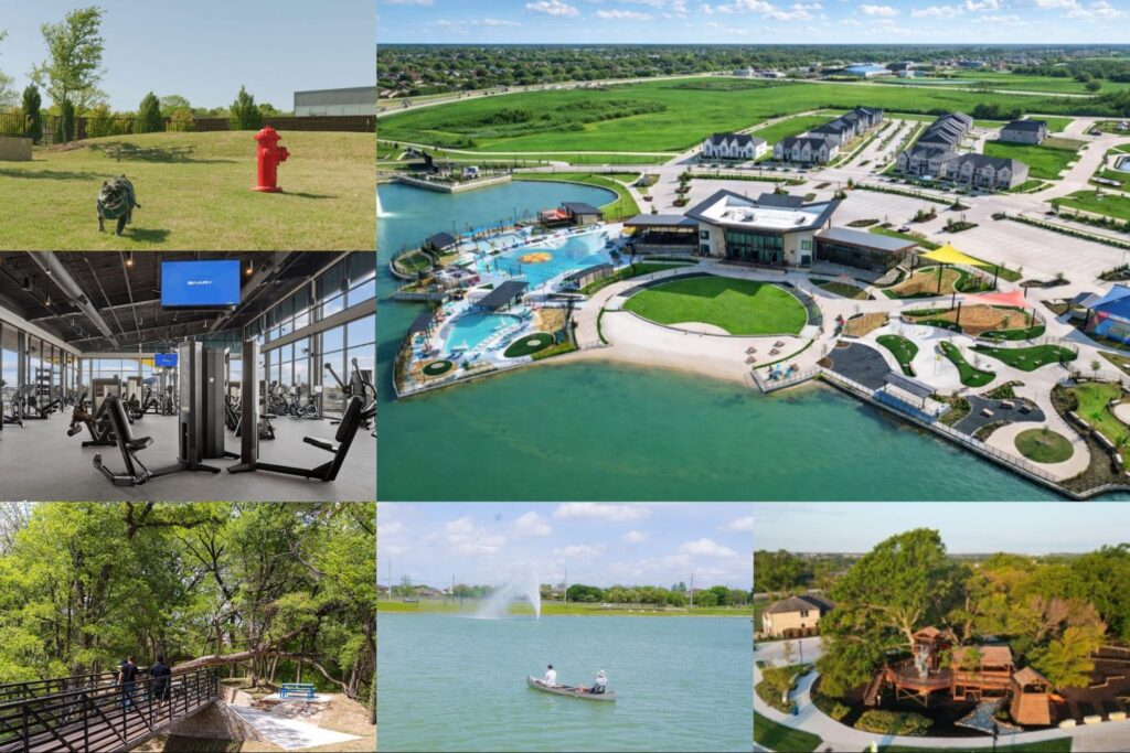 relaxing community pools, lake front beach, fitness center and other amenities at Solterra Texas