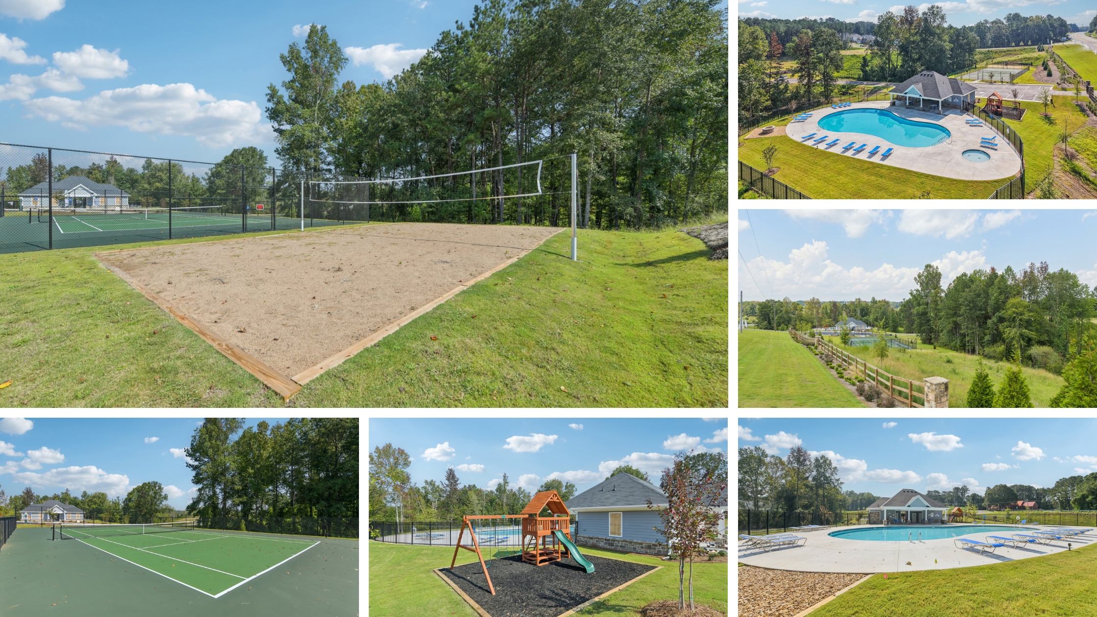 Photo collage showcasing the community amenities, including a pool, tennis court, and more, at The Hills at Cedar Creek in Winder, GA.