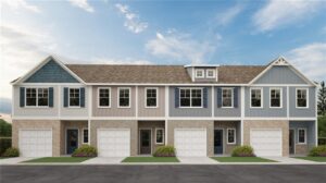 Row of new construction townhomes at Vickers Point in Fairburn, Georgia.